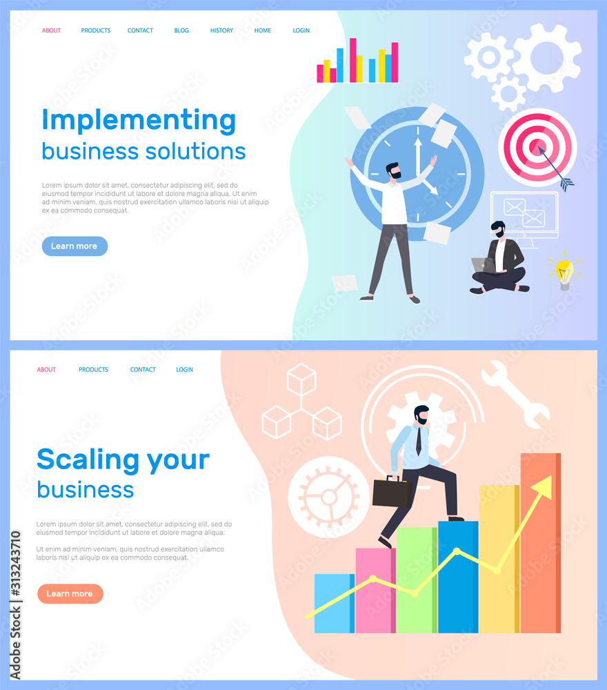 Scaling business and interpreting solution for company vector. Workers with aim targets male achieving success charts and diagrams, implementing decisions. Webpage template, landing page in flat style Scaling business and interpreting solution for company vector. Workers with aim targets male achieving success charts and diagrams, implementing decisions. Webpage template, landing page in flat style
