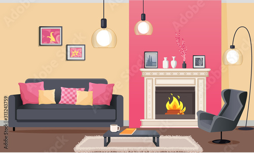 Designer room in pink color of wallpaper. Sofa and armchair, coffee table on mat, burning fireplace decorated with pictures and vase, hanging lumps vector