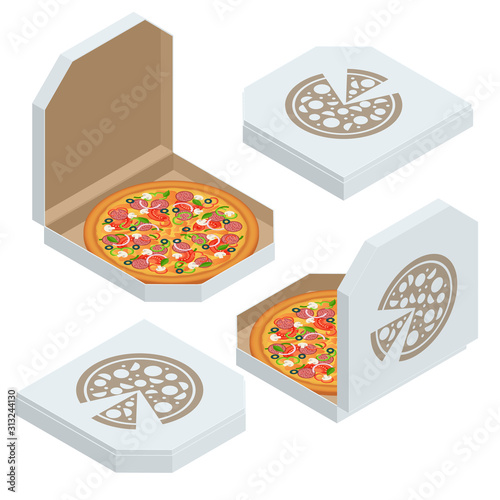 Isometric set of white pizza box template isolated on white background. Whole pizza of closed and open brown carton packaging box.