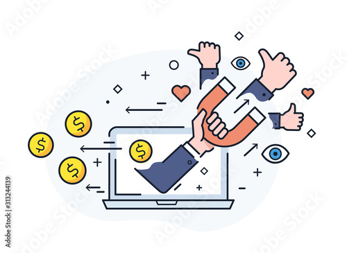 Shake hands blog monetisation. Virtual communication smartphone. Cooperation interaction. Success, Cooperation. line icon illustration
