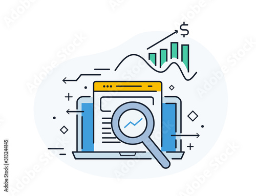 Calculator, data, study. Seo analysis. growth chart. Stock vector illustration in flat design. Line icon illustration