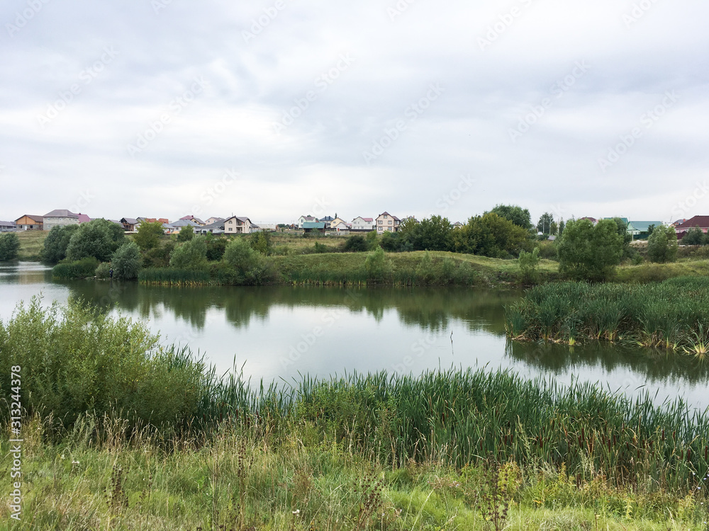 summer landscape with green grass and a small pond summer landscape with green grass and a small pond