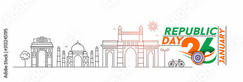 26 january Republic day concept - India Gate Taj Mahal & Gateway Of India Mumbai,  Line art vector illustration.