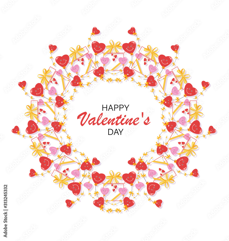 Round frame, wreath, postcard. Valentine's day with gifts. Red, pink hearts. Heart shaped balloons with yellow bows. Vector illustration isolated on a white background.