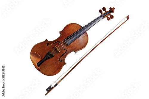 Old classic violin with bow isolated on white background