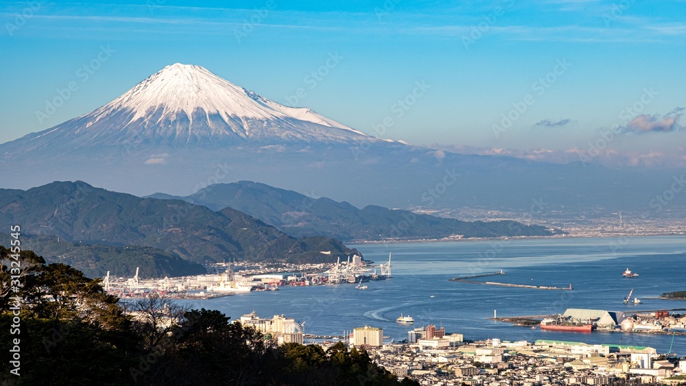 Fuji moutain and habour landscpae view.