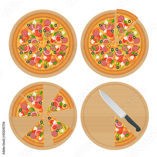 Tasty pizza with vegetables, ham, rucola, and vegetables chicken and olives isolated on white. Delicious pizza served on wooden plate isolated on white.