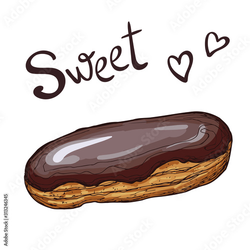 Chocolate glazed eclair. Illustrations for coffee houses, pastry shop or cafes. Hand drawn vector illustration. Isolated on white background.