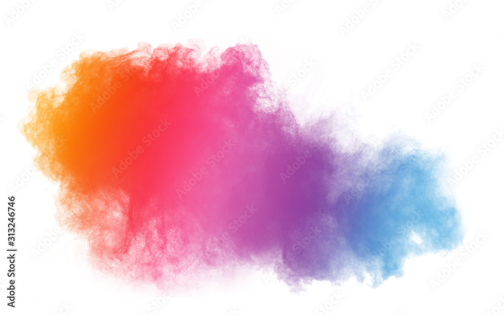 abstract powder splatted background. Colorful powder explosion on white background. Colored cloud. Colorful dust explode. Paint Holi.