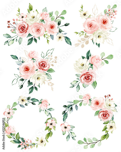 Obraz na płótnie Set watercolor flowers hand painting, floral vintage bouquets with pink and white roses. Decoration for poster, greeting card, birthday, wedding design. Isolated on white background.