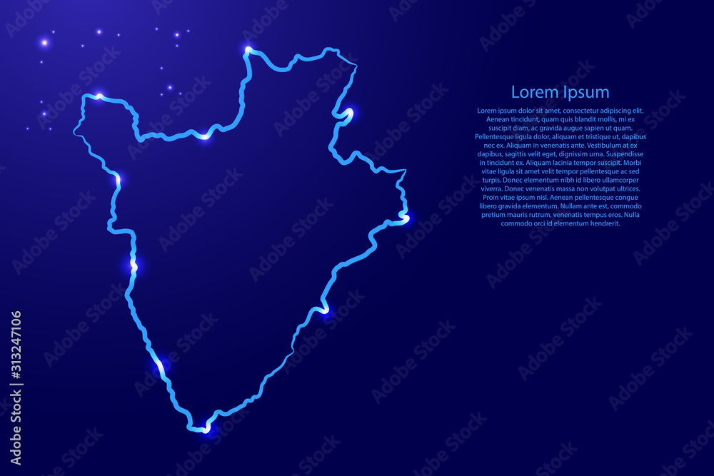 Burundi map from the contour classic blue color brush lines different thickness and glowing stars on dark background. Vector illustration. Burundi map from the contour classic blue color brush lines different thickness and glowing stars on dark background. Vector illustration.