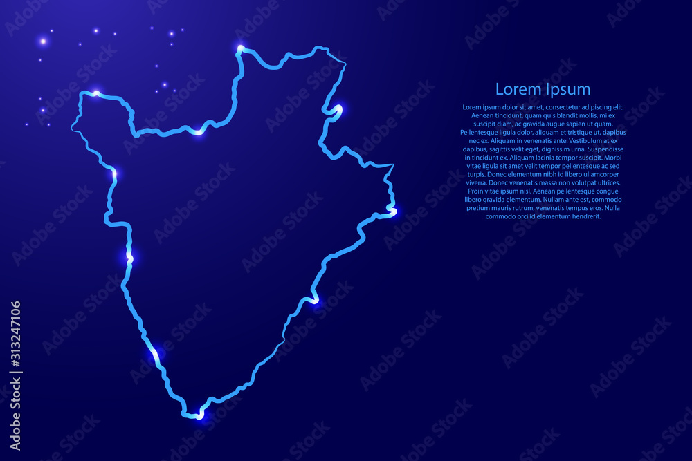 Burundi map from the contour classic blue color brush lines different thickness and glowing stars on dark background. Vector illustration.