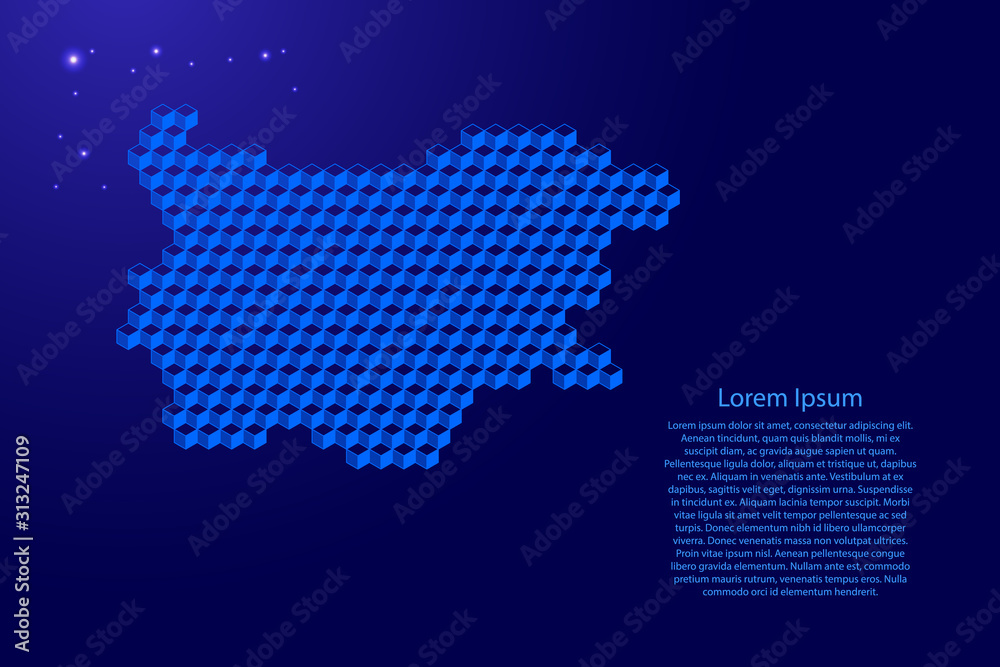 Bulgaria map from 3D classic blue color cubes isometric abstract concept, square pattern, angular geometric shape, glowing stars. Vector illustration.
