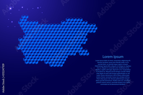 Bulgaria map from 3D classic blue color cubes isometric abstract concept, square pattern, angular geometric shape, glowing stars. Vector illustration.