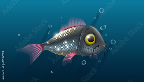 Fish under water with air bubbles over blue background, fishing live bait in river, sea. Vector illustration.