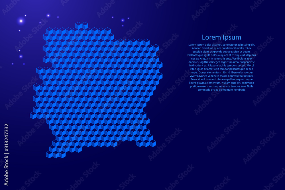 Ivory Coast map from 3D classic blue color cubes isometric abstract concept, square pattern, angular geometric shape, glowing stars. Vector illustration.
