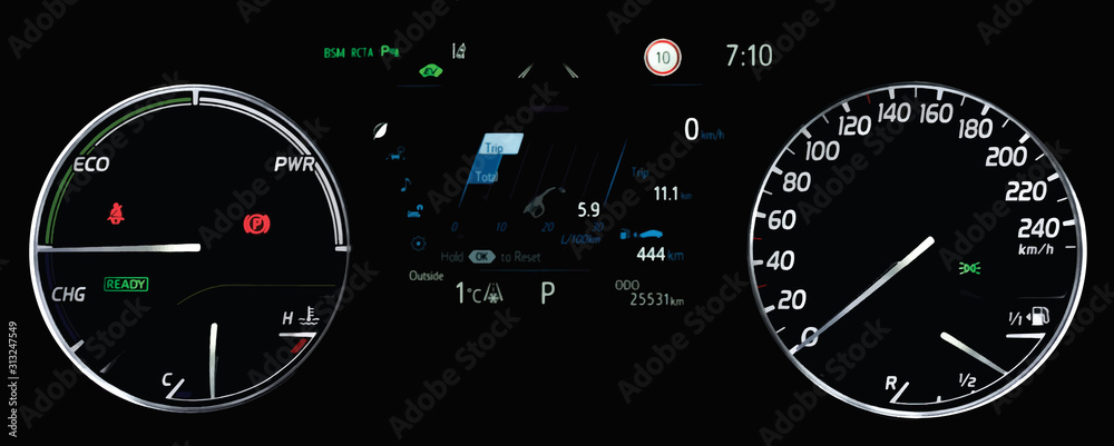 Illustration of average fuel economy consumption display between circular speedometer and power monitor.Car instrument panel with display fuel range, fuel and temperature gauge, odometer in hybrid car