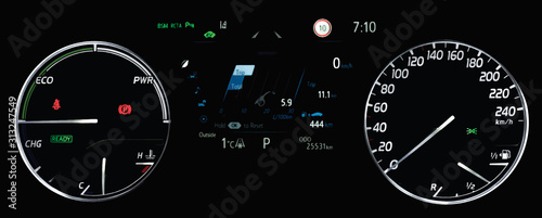 Illustration of average fuel economy consumption display between circular speedometer and power monitor.Car instrument panel with display fuel range, fuel and temperature gauge, odometer in hybrid car