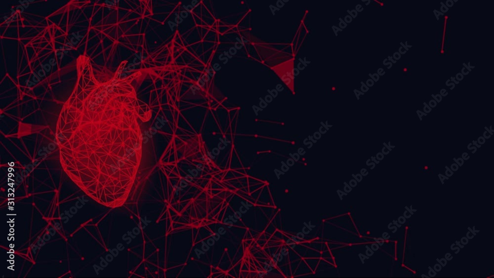 Futuristic medical animation with red human heart and cardiogram. Abstract geometric design with plexus effect on dark background. Healthcare and cardiology