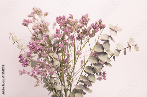Ramo decorativo con eucalipto y flores moradas sobre fondo blanco. photo