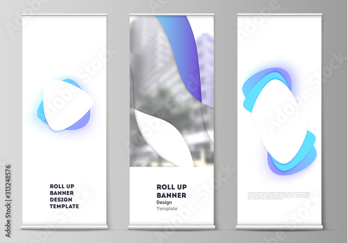 Vector illustration of the editable layout of roll up banner stands, vertical flyers, flags design business templates. Blue color gradient abstract dynamic shapes, colorful geometric template design.