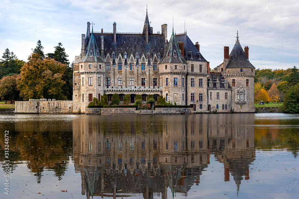 Bretesche medieval castle as seen from the pond. Missillac commune in Loire-Atlantique region of France.