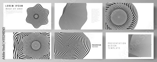 The minimalistic abstract vector layout of the presentation slides design business templates. Abstract 3D geometrical background with optical illusion black and white design pattern.