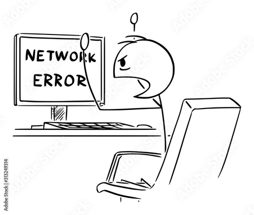 Vector cartoon stick figure drawing conceptual illustration of angry man or businessman working on computer and watching network error message on the screen.