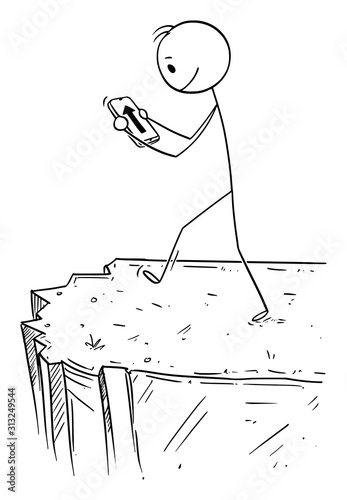 Vector cartoon stick figure drawing conceptual illustration of man using navigation app on smartphone. Blindly following the route leading to fall from the cliff. Concept of navigation.