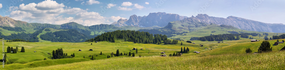 Mountain views from Alpe di Siusi or Seiser Alm, Dolomites Alps , Trentino Alto Adige South Tyrol, Italy, Europe