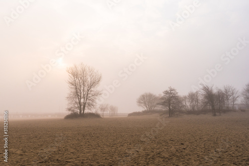 Sandy beach during the morning fog. Baltic Sea, Sopot, Poland
