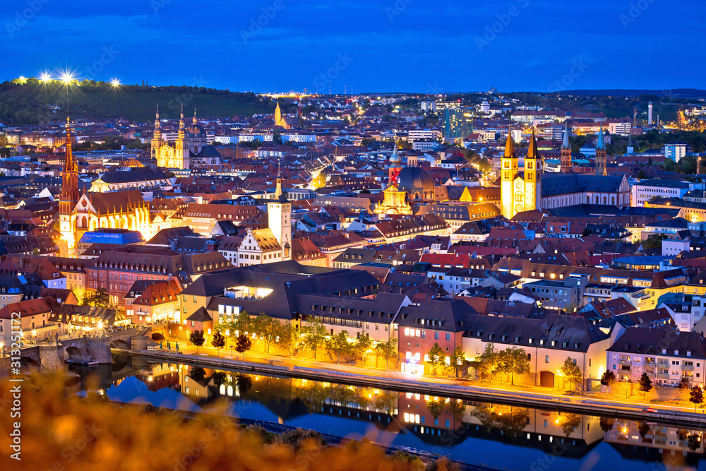 Old town of Wurzburg and Main river evening view from above