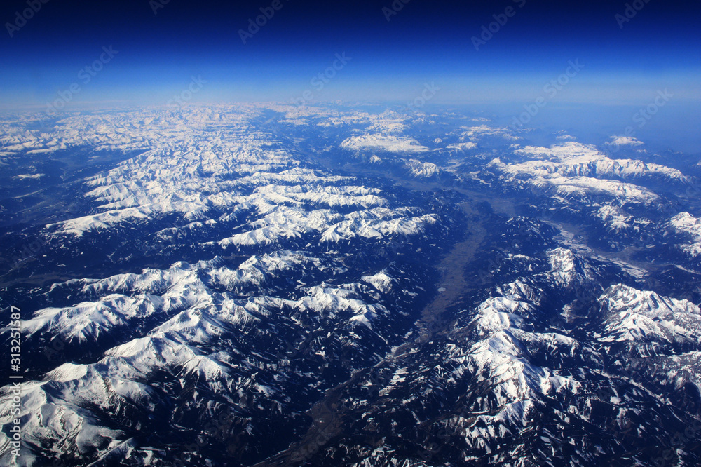Aerial View of the Austrian Alps from the East towards the West, overlooking almost whole Austria