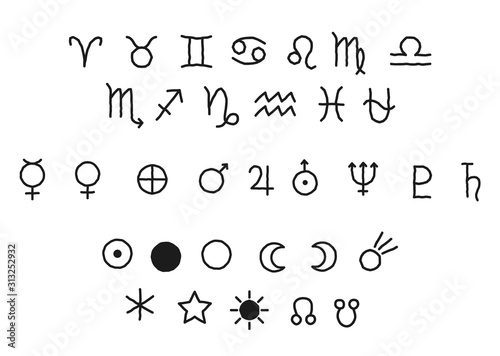 Vector set of different astrological symbols of planets and constellations. Isolated collection of icons, astronomical, zodiac and planets signs.