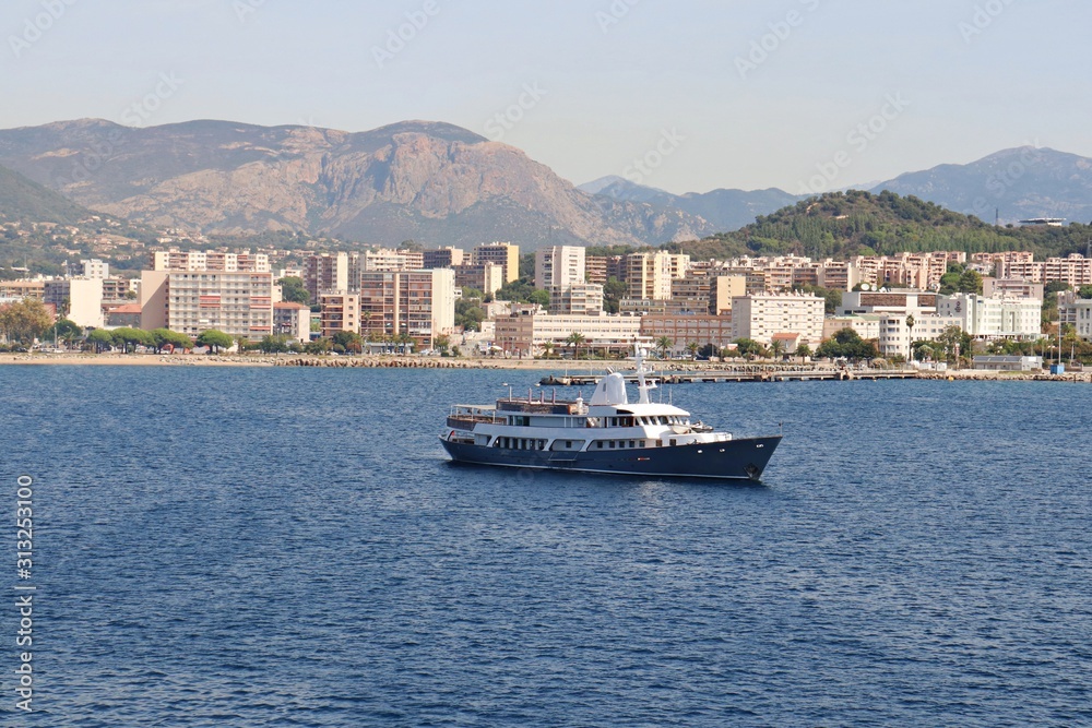 Small passenger ship on the raid of the Corsican port of Ajaccio in September 2019