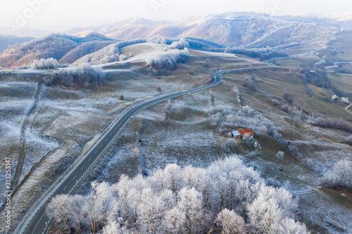 Transylvanian winter landscape - drone view.