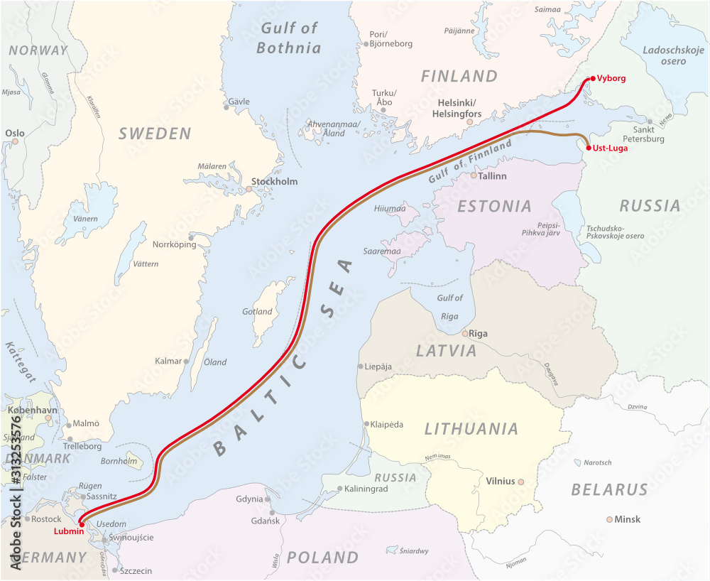Map of the Baltic Sea gas pipeline between Russia and Germany