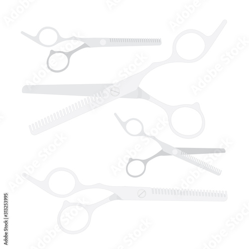 Barber scissors. Realistic chrome barber scissors vector illustrations collection isolated on white background. Hair cutting open and close silver scissors graphics set. 
