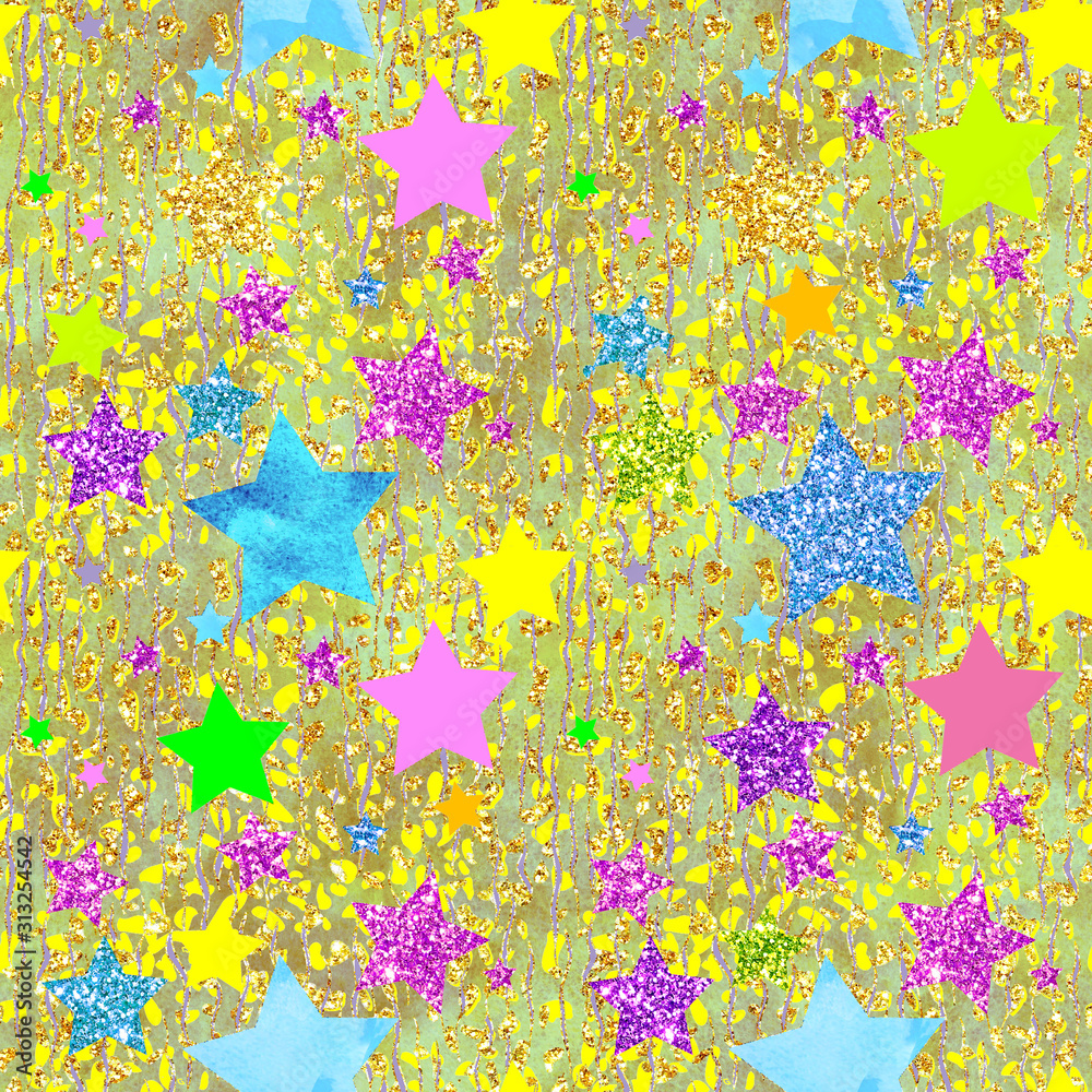 Holiday Glitter hand drawn artistic star confetti  sparkling seamless background 