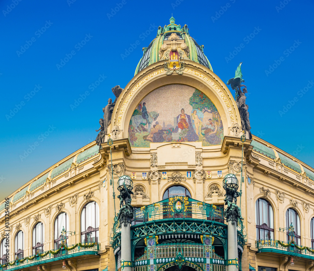 Municipal House - Art Nouveau historical building at Republic Square, Namesti republicky, in Prague