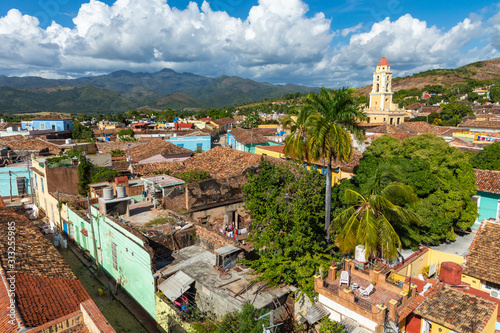 Trinidad, panoramic skyline with mountains and colonial houses. The village is a Unesco World Heritage and major tourist landmark in the Caribbean Island. Cuba.