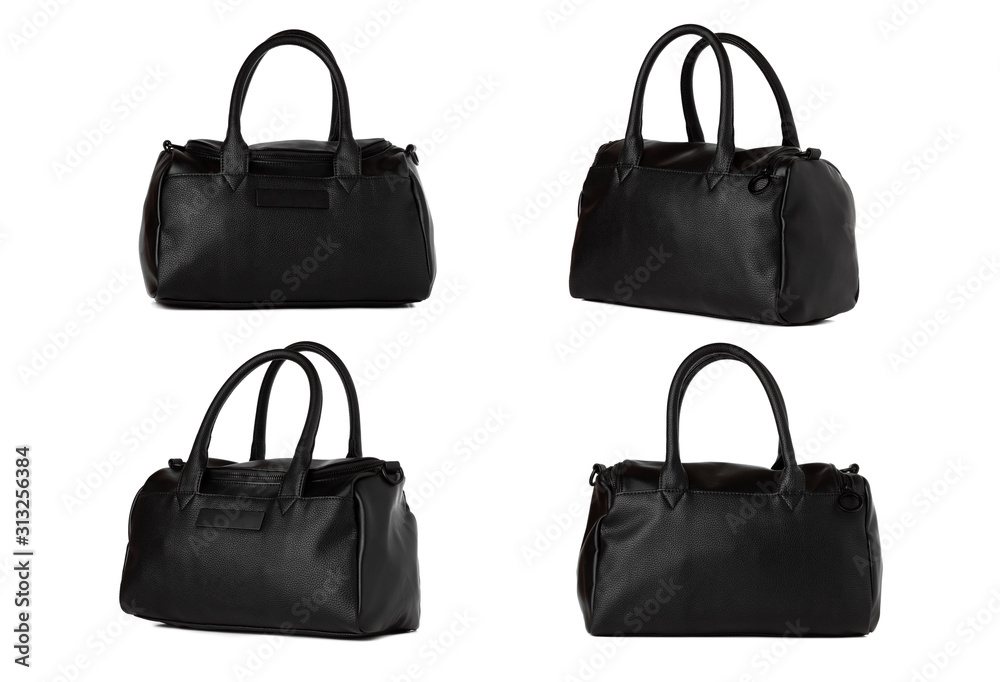 Black bag on a white background. Leather bag close-up isolated on a white background. Black bag on a white background. Leather bag close-up isolated on a white background.