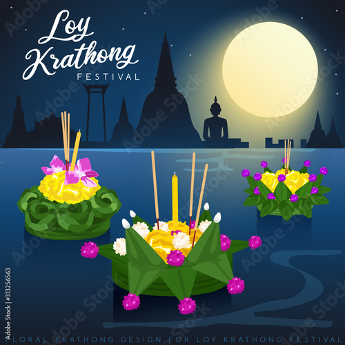 Loy Krathong, Thai Traditional Festival with full moon, pagoda and temple background  : Vector Illustration
