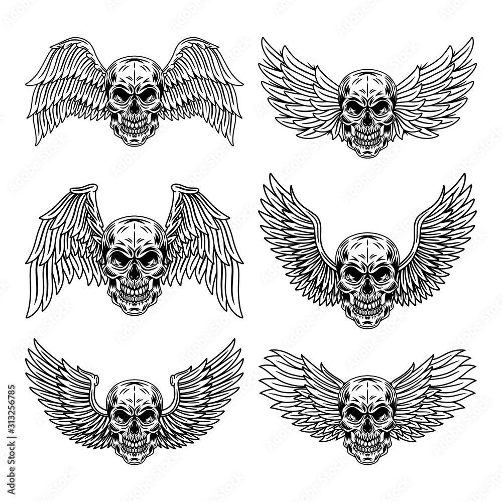 Fototapeta premium Vintage Set of winged skulls isolated retro vector illustration on a white background. Great design for any purposes.