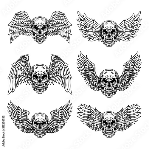 Vintage Set of winged skulls isolated retro vector illustration on a white background. Great design for any purposes.