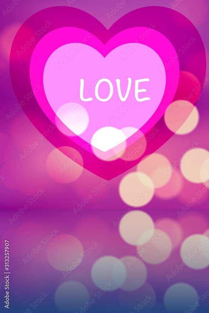 Graphic of multiple layers of pink and purple hearts with bokeh lights and word Love written in the middle
