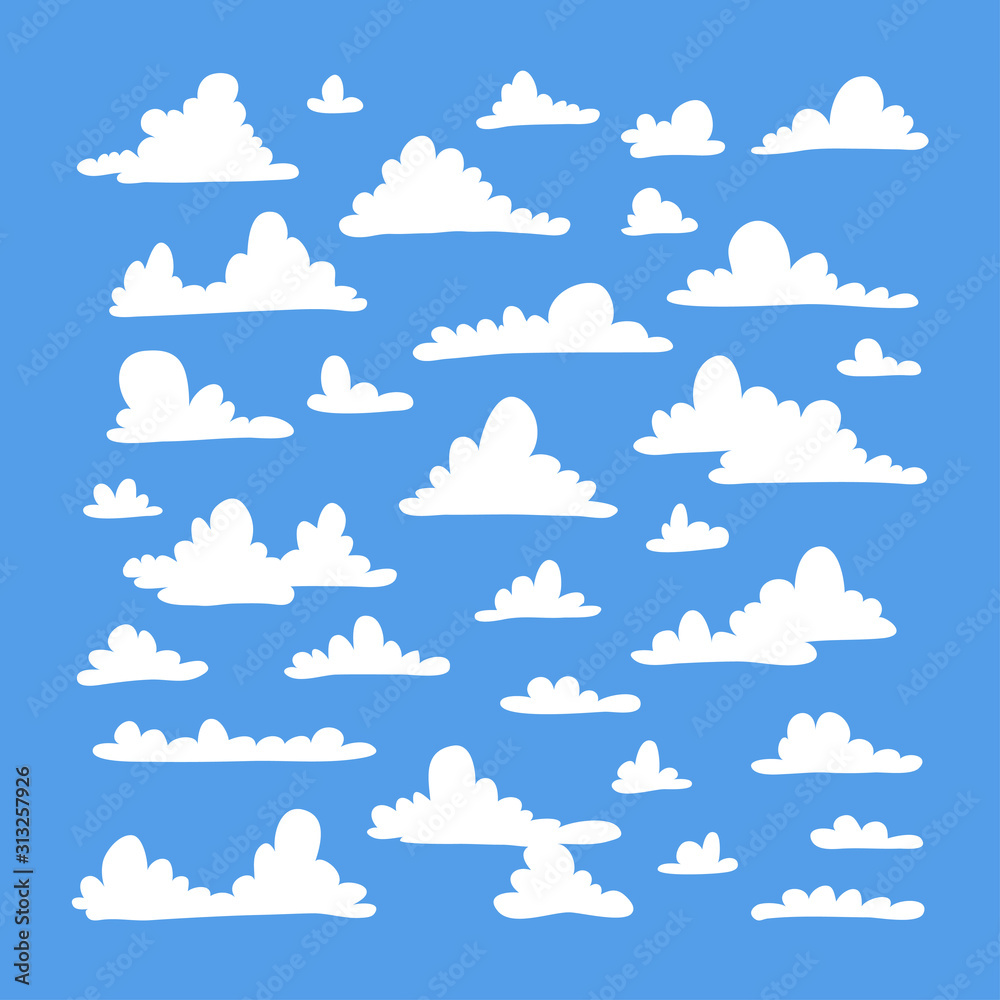 Set of funny clouds in flat style on blue background. Hand drawn illustration cartoon sky. Creative art work. Actual vector weather drawing Set of funny clouds in flat style on blue background. Hand drawn illustration cartoon sky. Creative art work. Actual vector weather drawing