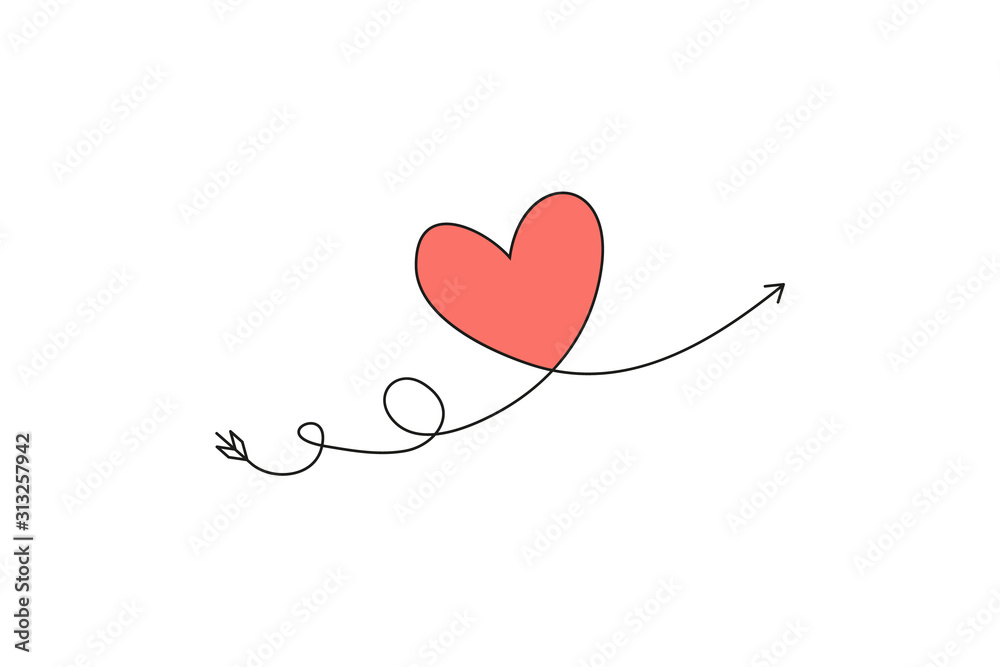 Cupid s arrow in the continuous drawing of lines in the form of a heart and the text love in a flat style. Continuous black line. Work flat design. Symbol of love and tenderness.