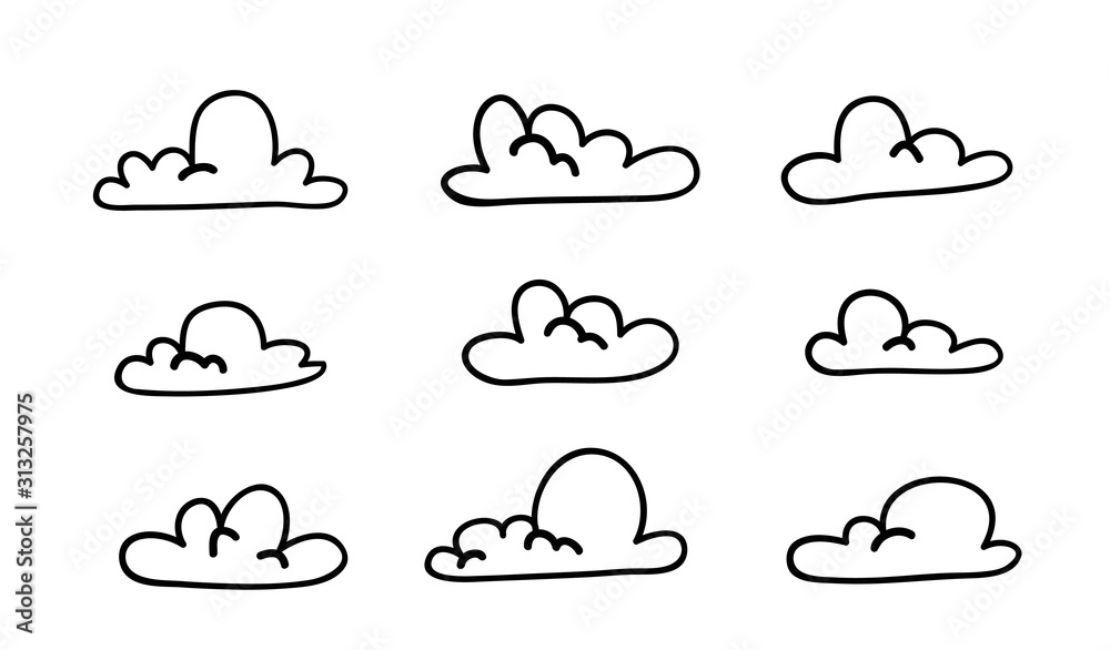 Naklejka Set of funny clouds in line art style on blue background. Hand drawn illustration cartoon sky. Creative work. Actual vector weather drawing