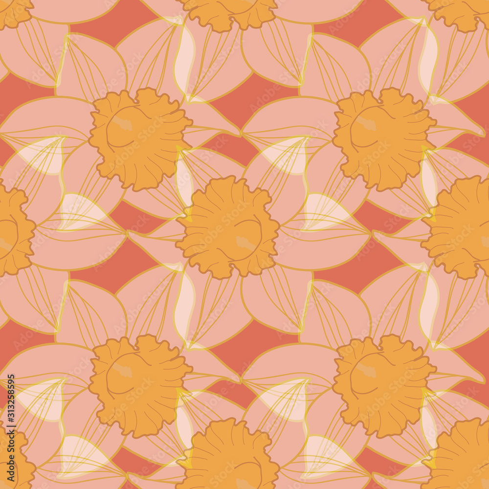 Seamless transparent daffodils pattern on pink background